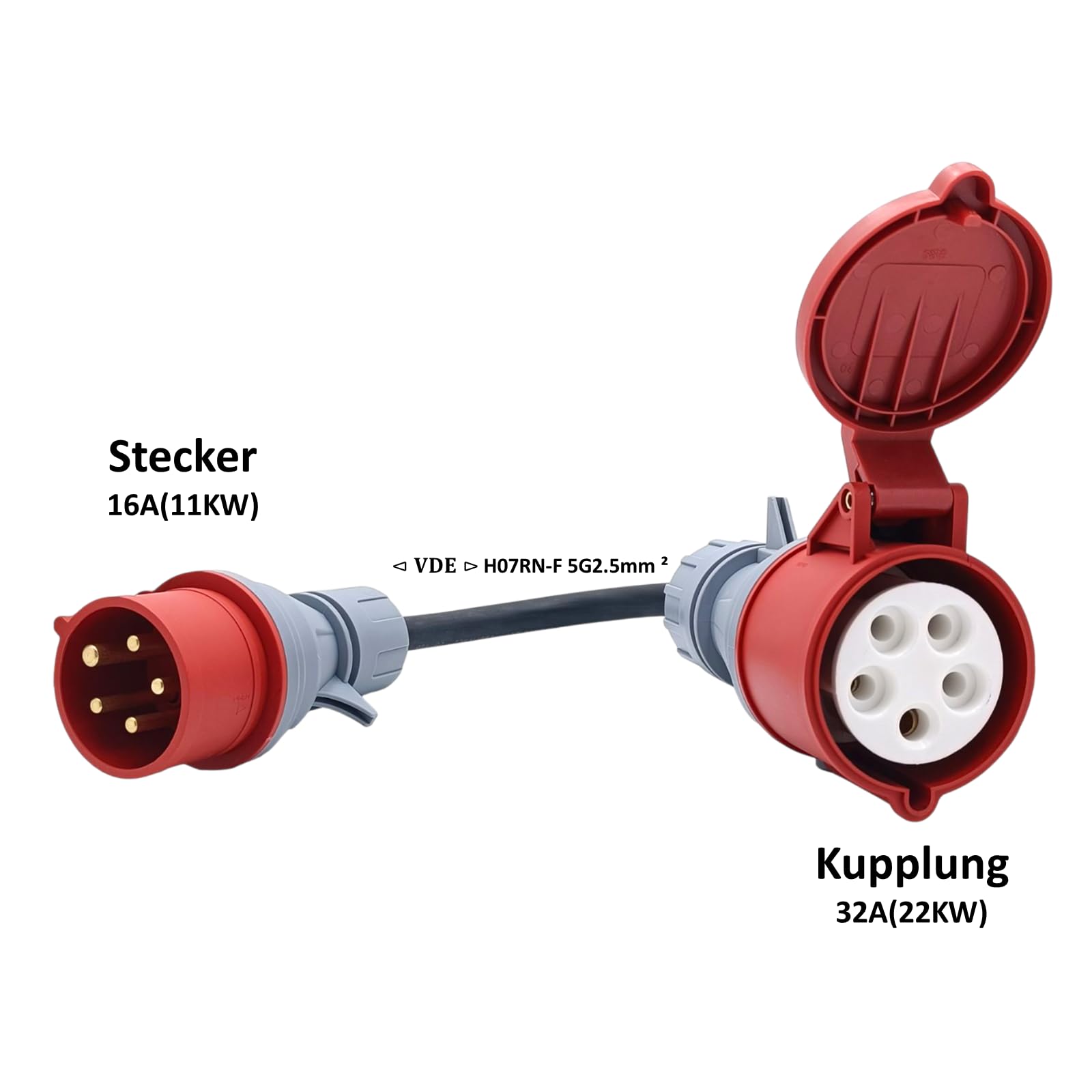 CEE Adapter 3-phasig 400 V | 16A (11 kW) Stecker auf 32A (22 kW) Kupplung, IP44 | mit 0,5 m H07RN-F 5G2,5 mm² Gummikabel zur Verbindung