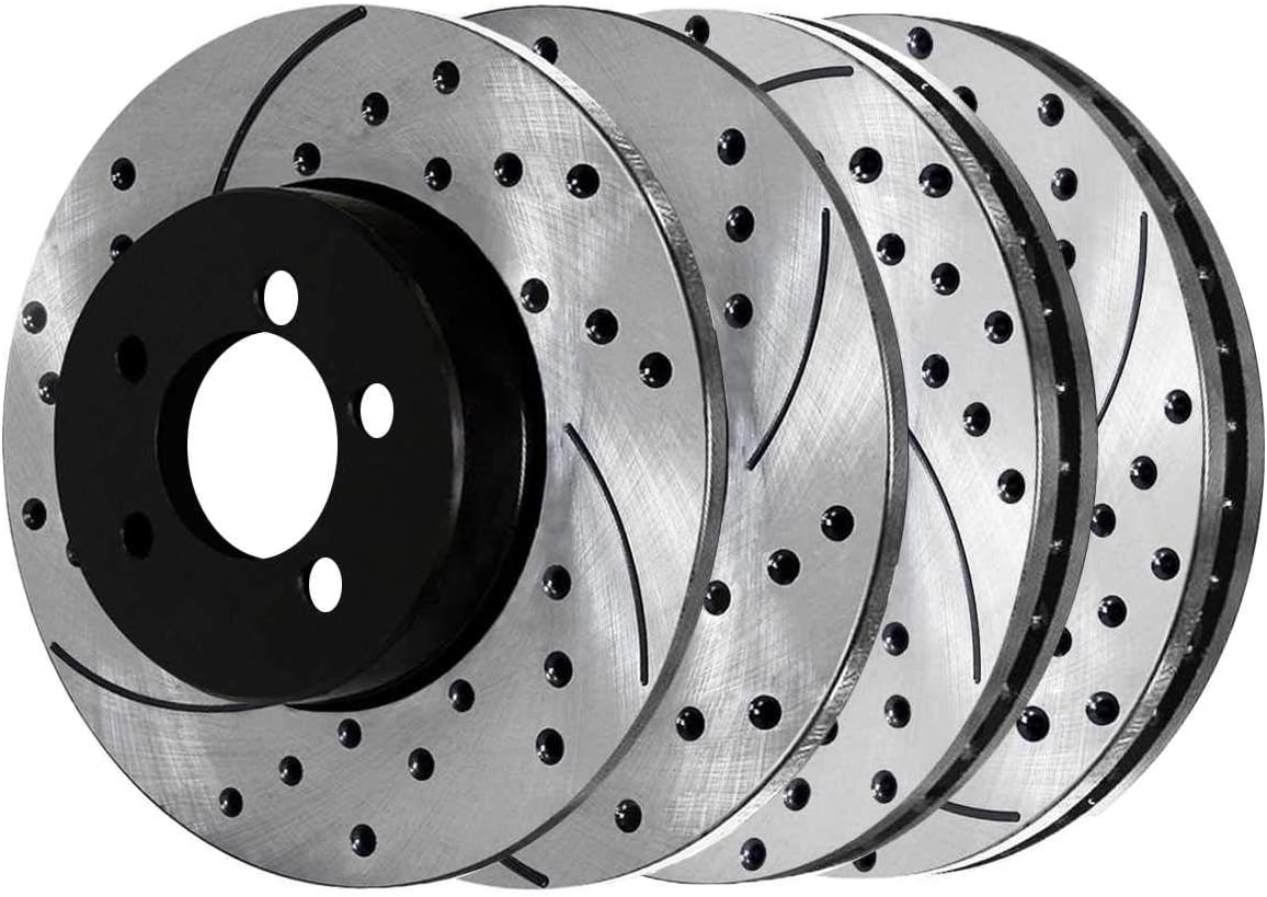 AutoShack Front and Rear Drilled Slotted Brake Rotors Black