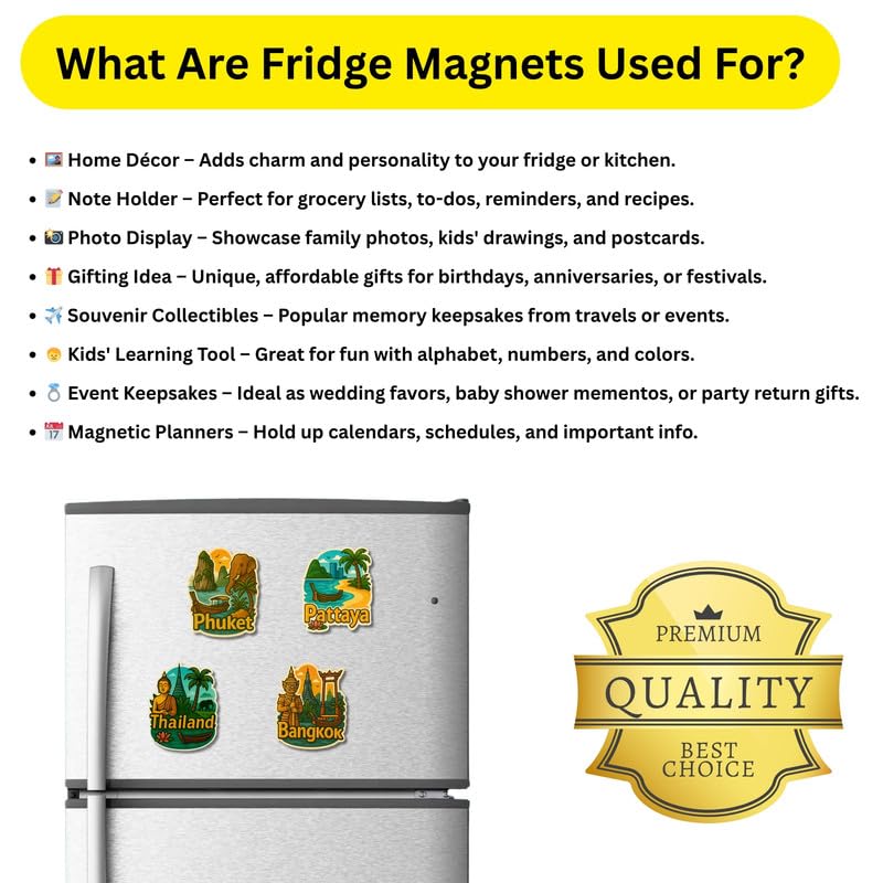 Regalo Casila Thailand Fridge Magnet Set 4 Piece Souvenir Gift for Tourists Bangkok Phuket Pattaya Fridge Magnet for Kitchen Office Travel Keepsake Home Decor 2