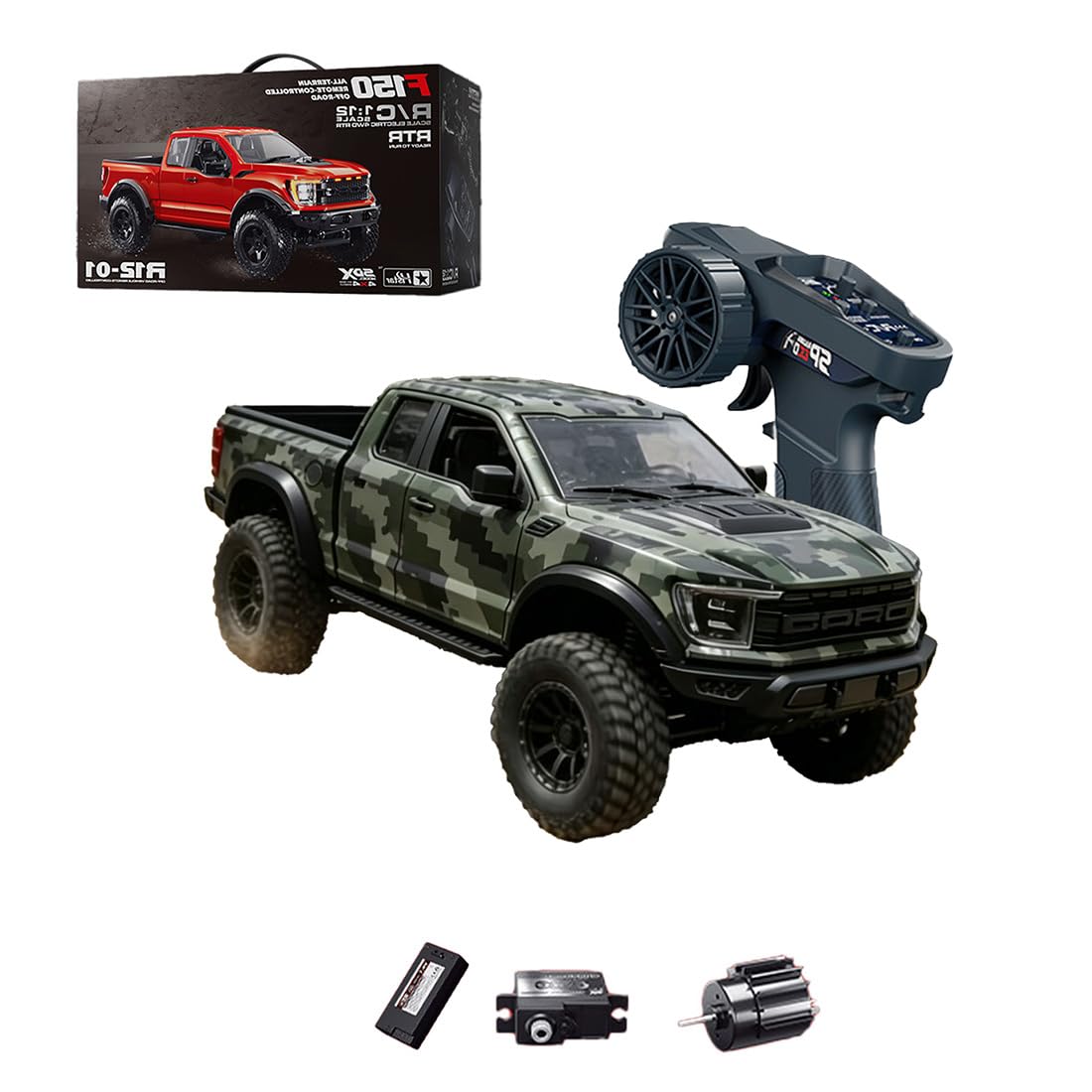 TENIREALX 1:12 4WD RC Truck Off Road Pickup R12-01Q Remote Control Car With LED Light, High Torque Motor, Proportional Control Vehicle For Hobbyists (Camouflage Green/1 Battery)