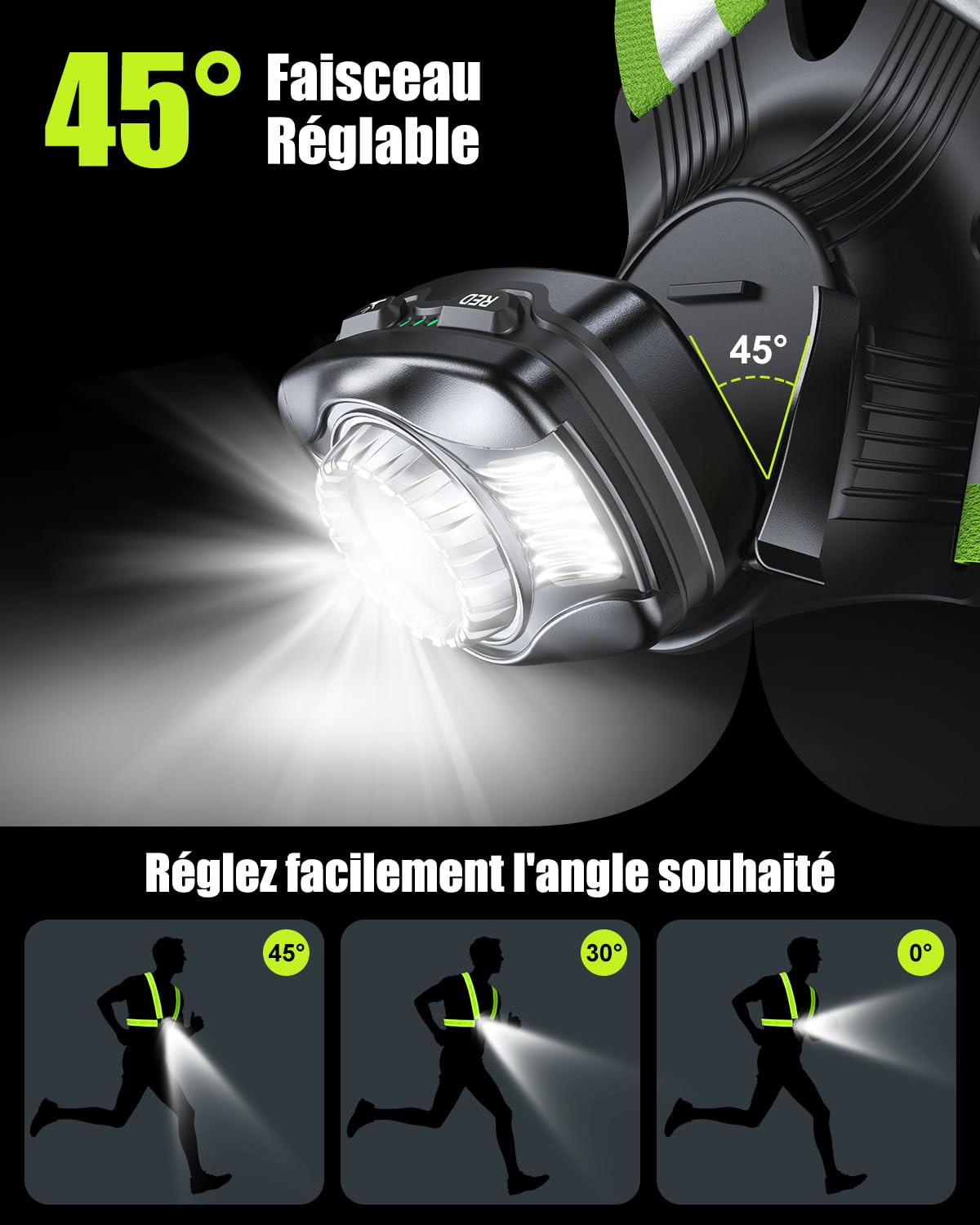 Babacom 500LM Lampe Running Pectorale, 6 Modes Lampe Course a Pied avec Faisceau Réglable 45°, Remplacer Lampe Frontale, Rechargeable Gilet Reflechissant à 360° pour Cyclisme/Jogging Sports Nocturnes