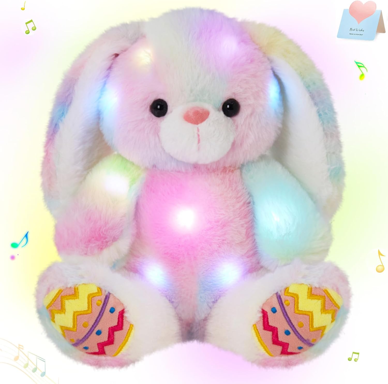 Glow Guards Easter Plush Bunny Stuffed Animal, Musical Light up Rainbow Stuffed Bunny, Singing Rabbit Stuffed Animal Toy with Floppy Ear Bunny Easter Gifts Bedtime Friend for Baby Girls Boys Kids, 10"