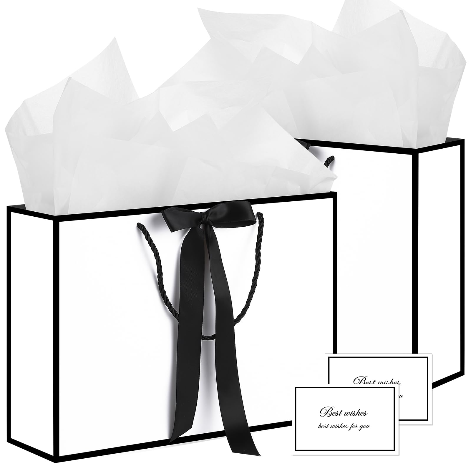 woric White Gift Bags with Handles, 14" Medium Gift Bag with Tissue Paper, 2 Pcs Gift Bags with 4 Tissue Paper and 2 Cards for Graduation Father's Day Wedding Bridal Shower Birthday Party