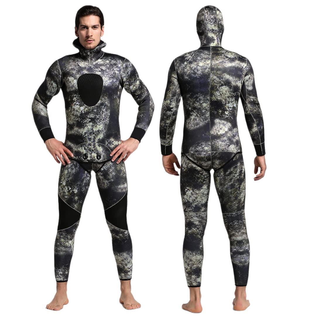 Traje de buceo de 5 mm para hombre, traje de baño cálido de manga larga de dos piezas, traje de medusas gruesas, traje de pesca camuflaje (color: gris-A, tamaño: L)