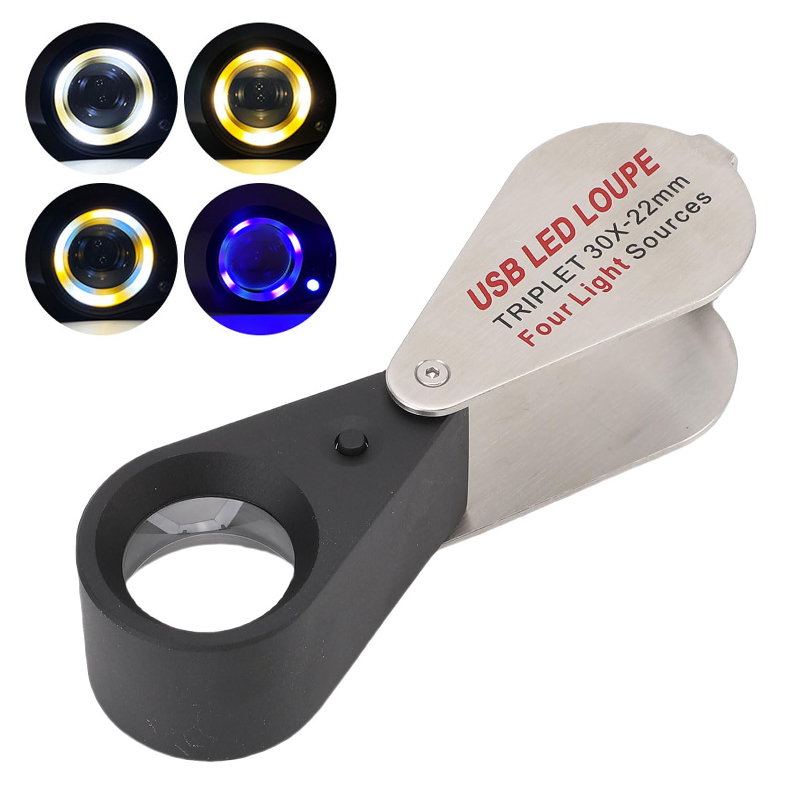 Bewinner Wiederaufladbare Juwelierlupe mit 30-facher Vergrößerung, 4 Lichtmodi und 13 LED-Lampen, Faltbares Design mit Optischem K9-Glas und USB-Aufladung