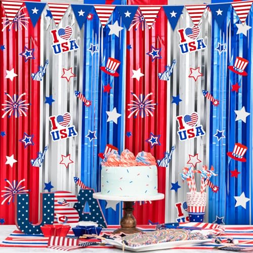 Image of WovWeave Red White Blue Decorations 2 Pack 3.3 x 6.6 Ft Patriotic 4th of July Tinsel Foil Fringe Curtains Star Firework Streamer Backdrop Photo Prop for Patriotic Independence Memorial Labor Day