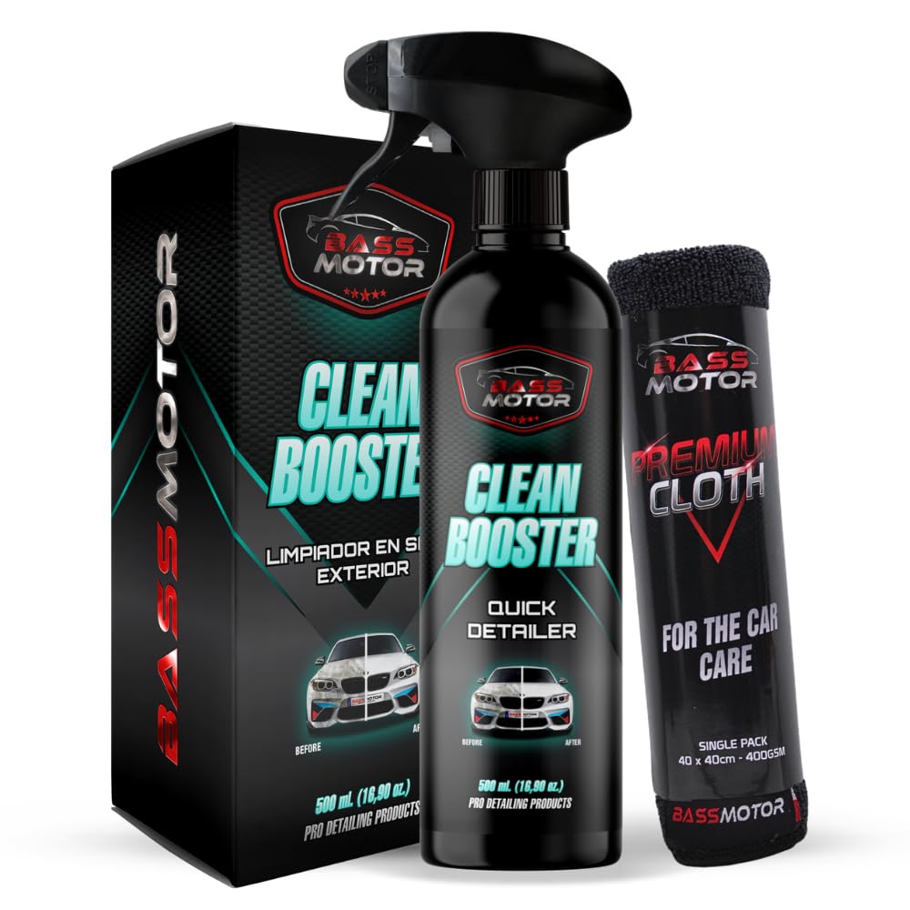 BassMotor All-in-One Dry Exterior Cleaner for Car No Water Exterior Cleaning Body Glass Motorcycle Easy to Use - Clean Booster 500ml + Premium Microfiber Cloth