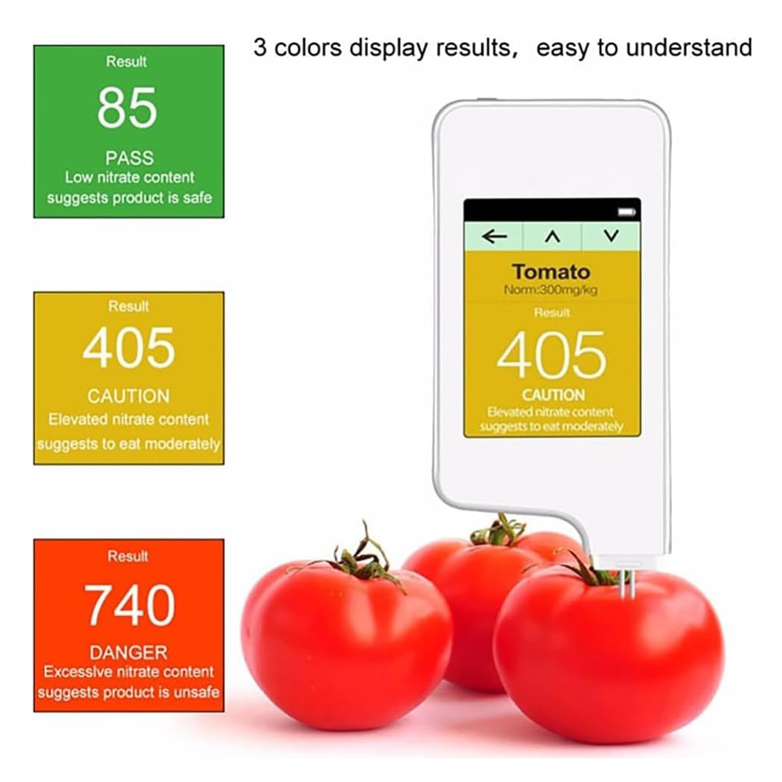 Tester di Nitrati Alimentari Digitali, Misuratore di Frutta/Verdura/Carne, Gamma di Rilevamento dei Nitrati: 0-9999mg/kg, 3 Colori Risultati del Display, per Negozio, Casa