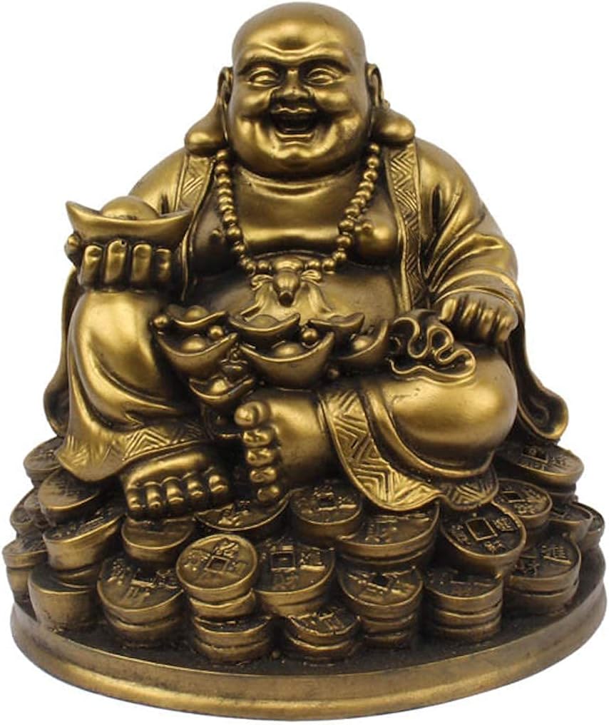 - Petrichor Resin Fengshui Figurine Laughing Buddha Sitting on Luck Money Coins Carrying Golden Ingot for Good Luck & Happiness (5 Inches,Gold, 1 Piece) - Home Deocration Gifting (Made in India)