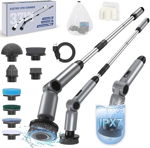Limpiador eléctrico giratorio, IPX7 resistente al agua 110.2 lbs de torsión con 9 cabezales de cepillo, 2 modos de velocidad, 4 ángulos ajustables,