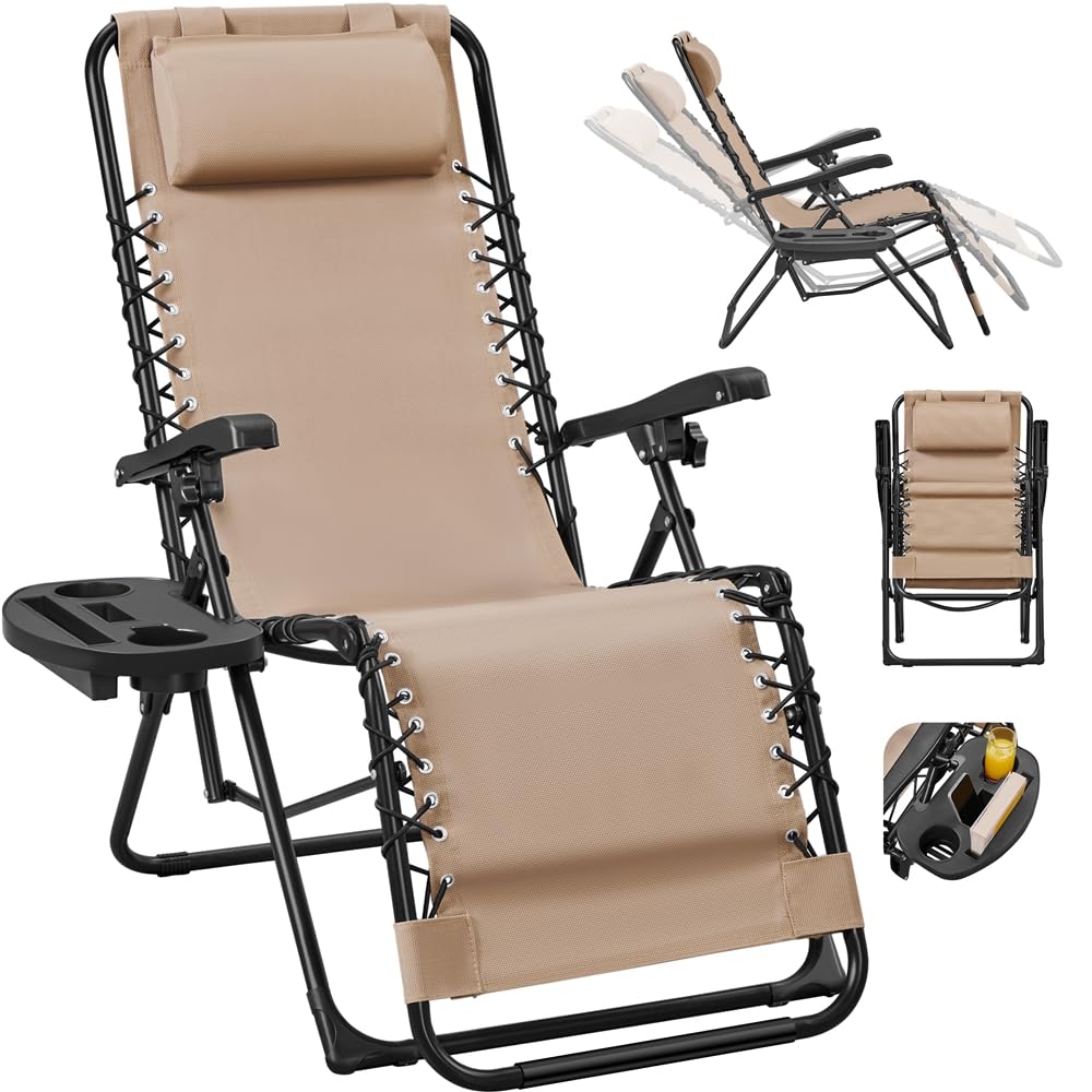 Yaheetech Sonnenliege Liegestuhl Klappbar Gartenliege mit Kopfkissen & Becherhalter Tragbare Relaxliege für Strand/Garten/Balkon, Beige