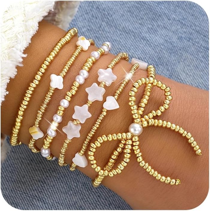 Gold Seed Beaded Bow Bracelets Women Dainty Pearl Bowknot
