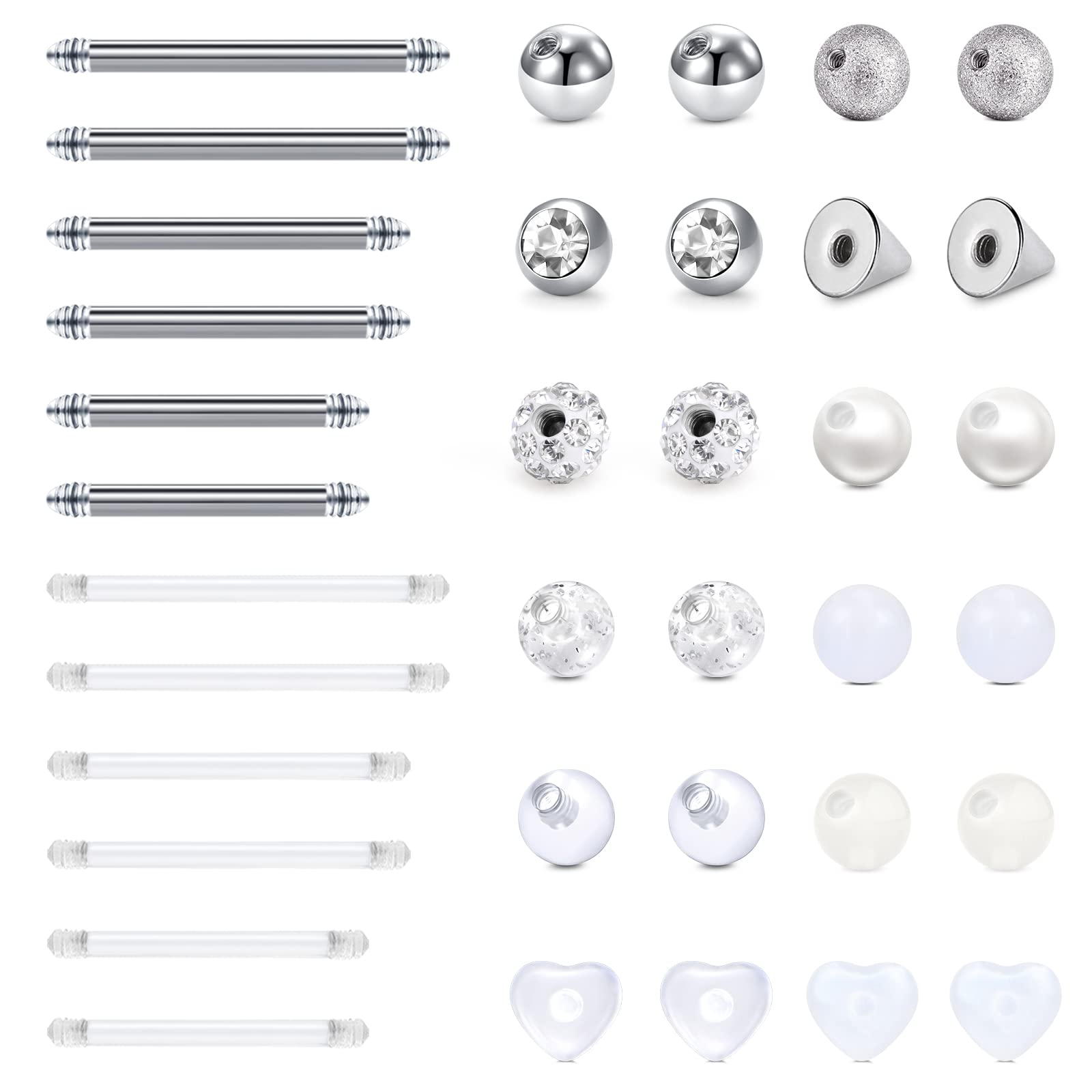 Funseedrr18 Pares Piercing Bolas Barras Reemplazo por Piercing Lengua Pezon Recto Barra Anillas Acero Quirúrgico Acrílico 14G 12/14/16mm Piercing Bar Bola