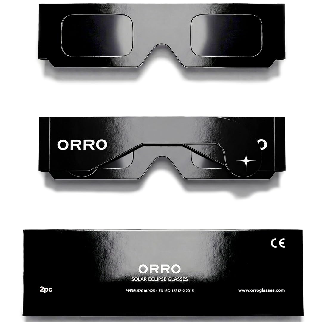 ORRO Classic Solar Eclipse Glasses 2 Pack, Black, for August 12, 2026, Certified Eye Protection, EN ISO 12312-2:2015 Tested, CE Marked for Safe Direct Sun Viewing
