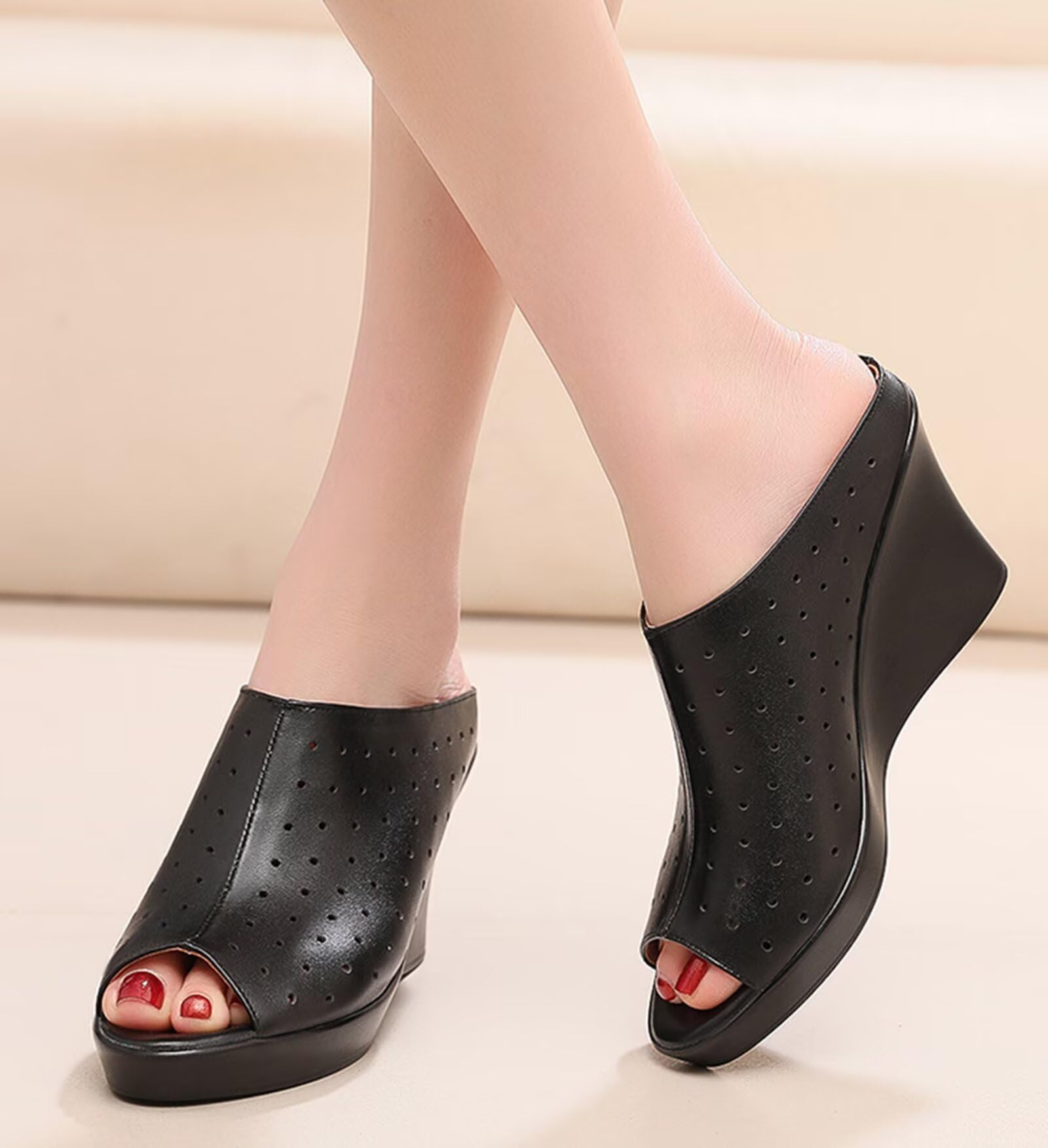 HNVAVQ Mules con Zeppa Donna in Pelle - Ciabatte Eleganti con Plateau - Sandali con Zeppa Alta per Estate, Ufficio e Feste (Tacco 8cm e 10cm)