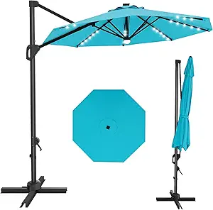 10FT Patio Umbrella Outdoor Solar LED Large Cantilever w/Base Included Market Sun Shade Windproof Offset with 360-Degree Rotation for Garden Deck Pool Patio, Turquoise Blue