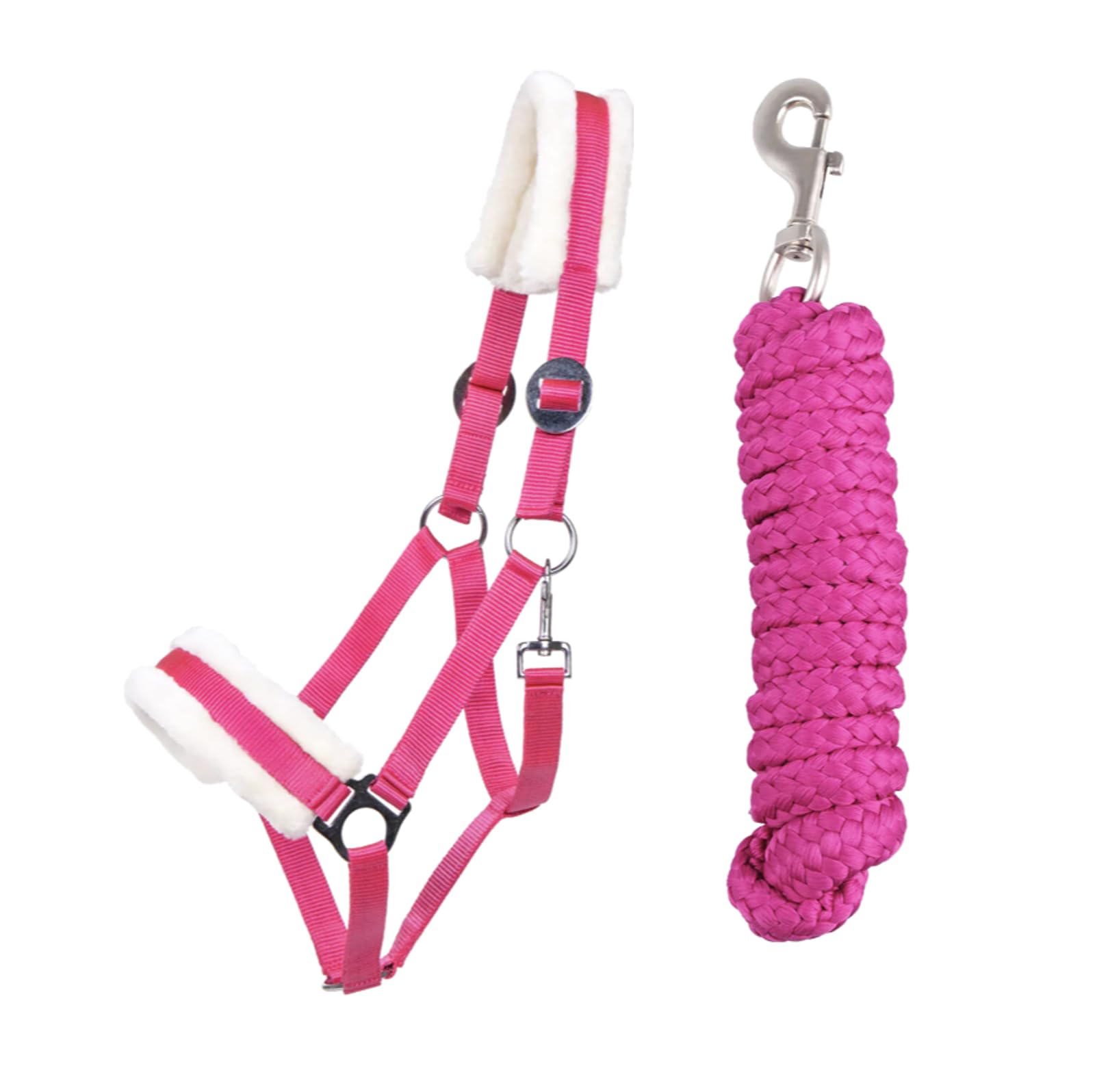 JA Horse Faux Fur Halter Lead Rope Set with Carabiner Hook Adjustable Horse Halter Horse Wooden Horse Tie Rope (Fuchsia, Full)