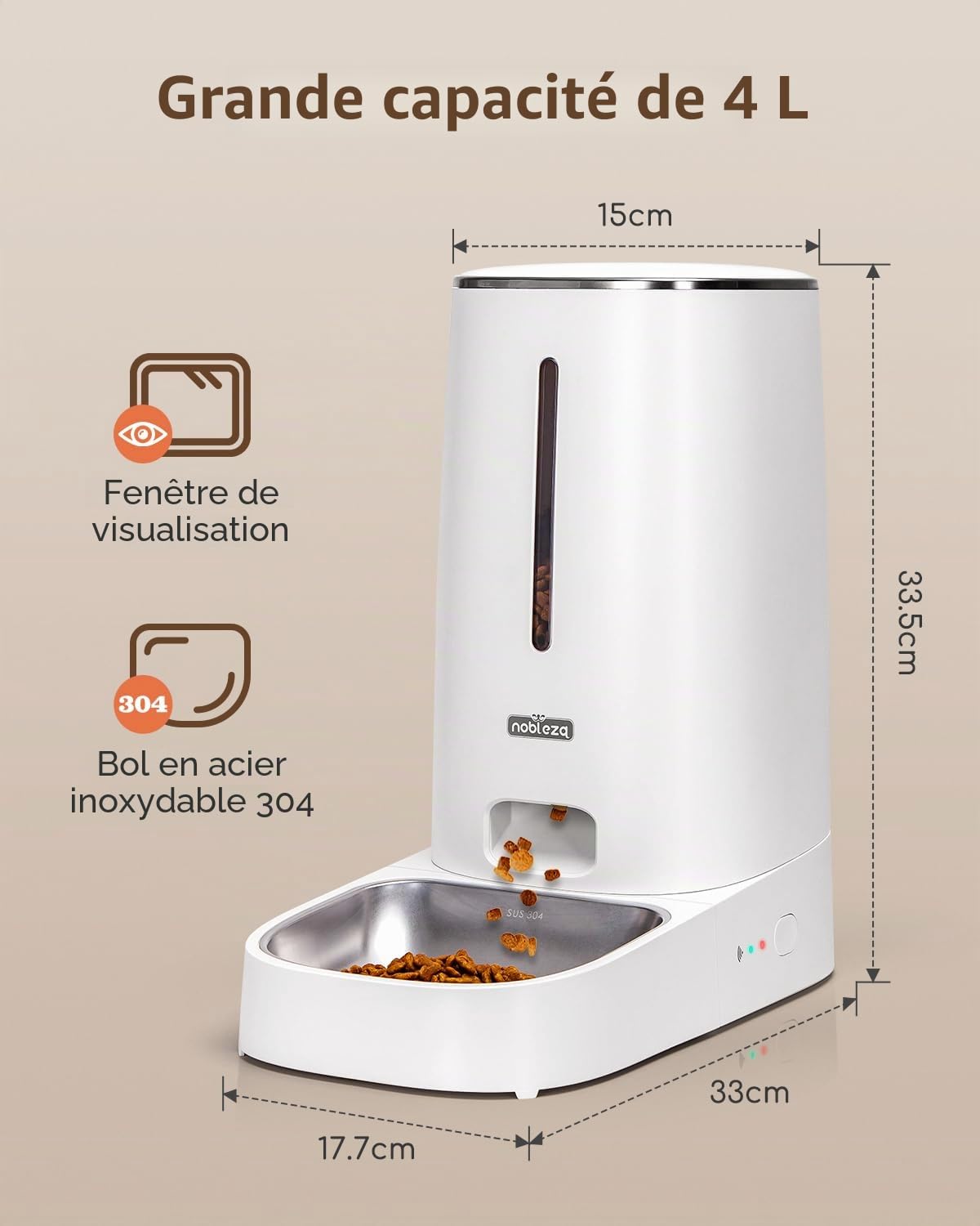 Nobleza - 4L Distributeur Croquettes Chat Automatique, 2,4G WiFi avec Contrôle par APP Distributeur Croquettes Chat Automatique, Enregistrement Vocal 10S, 1-10 Repas par Jour (Blanc)