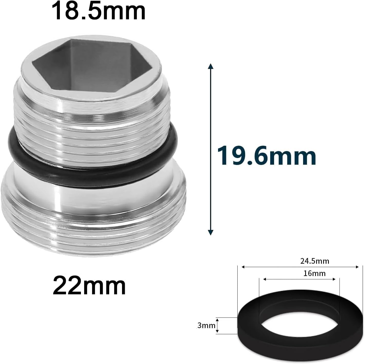 Confezione da 1 adattatore per rubinetto, M18 a M22 con guarnizione in gomma nera Adattatore per rubinetto in metall