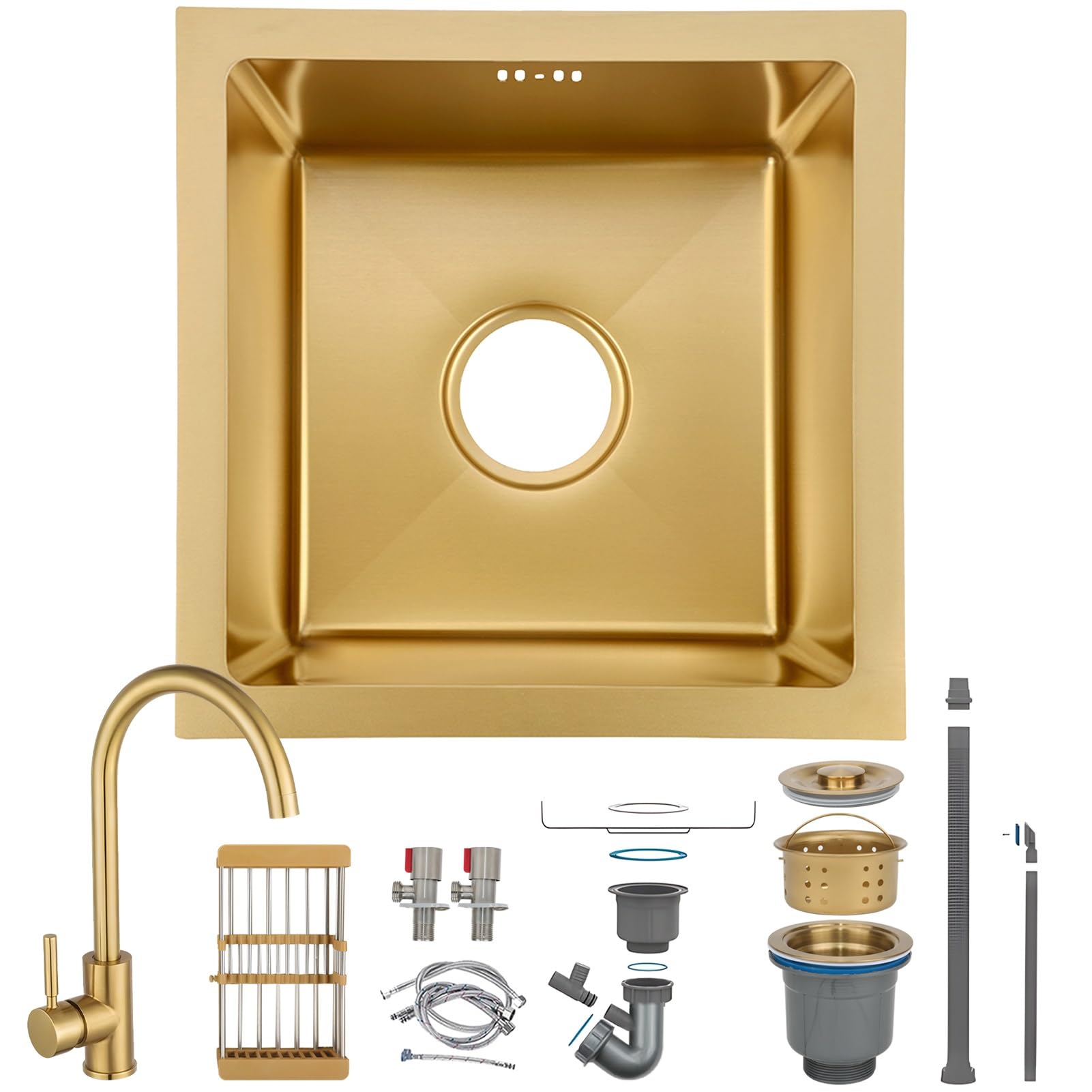 HZKSINNK 38x38cm Kitchen Sink, Brushed Gold Single Bowl Sinks, Stainless Steel Bar Kitchen Sinks, Undermount Or Above Counter Sink With Drain Filter