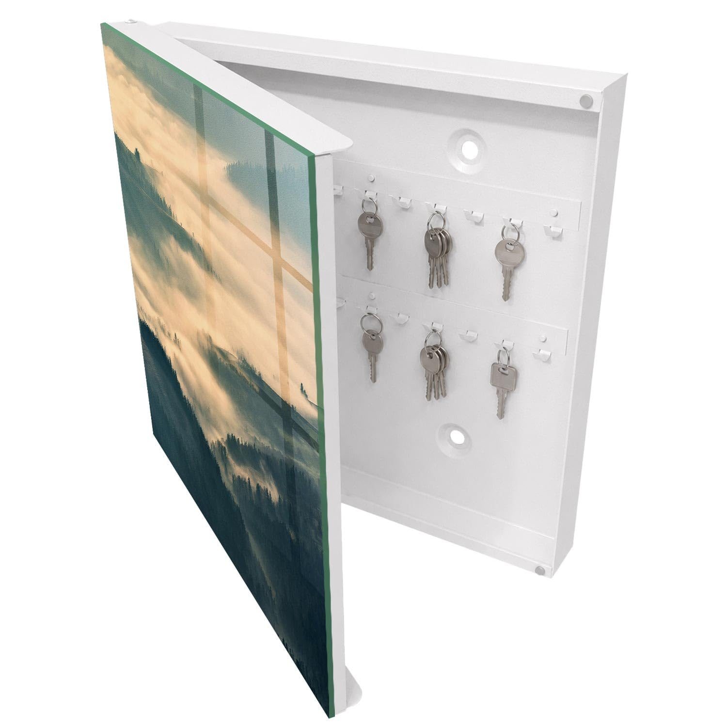 Armadietto Portachiavi 30x30 cm | Bianco | A Sinistra | Montaggio a Parete | Colline Nebbiose | per Uffici | Frontale Decorativo in Vetro Temperato | in Metallo | Tasselli e Viti Inclusi