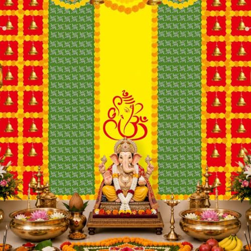 Image of Party Propz Ganpati Backdrop Decoration -1Pc (8ft*5ft) Ganpati Decoration Setup for Home, Varamahalakshmi Decorative Items, Pooja Backdrop Cloth, Haldi Backdrop, Annaprasana Backdrops, Haldi Decor