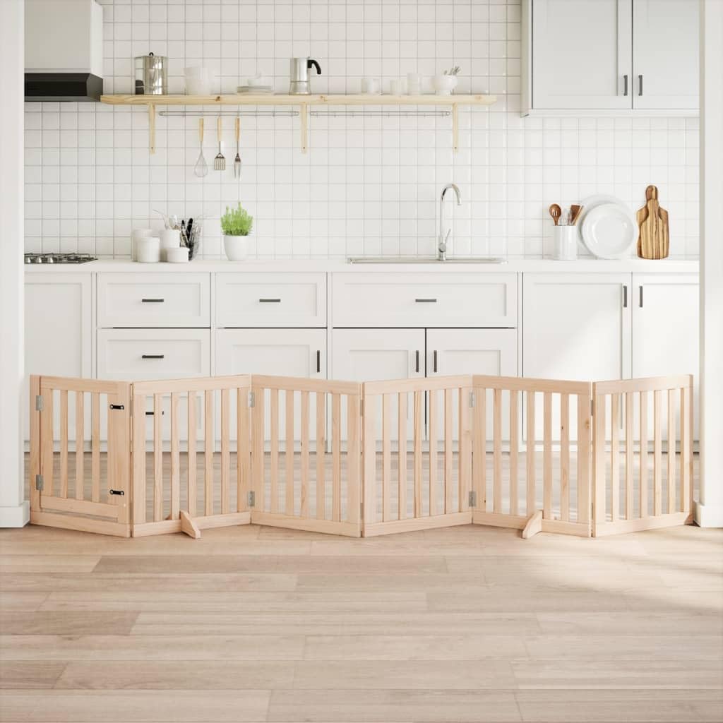 Foldable Dog Gate with Door, 6 Panels, 300cm Poplar Wood, Freestanding Pet Barrier for Stairs, Living Room, Easy Storage