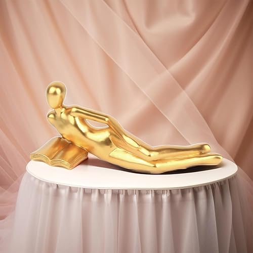 Miniatura 3 de Estatua de pensador, estatua decorativa dorada de pensador, estatua femenina de lectura acostada, decoración del hogar, figura abstracta moderna de