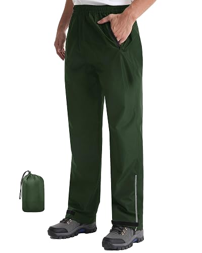 iCreek Men's Rain Pants Packable Waterproof Lightweight Hiking Over Pants | Zipper Pockets, Pants Leg Reflective Strip,