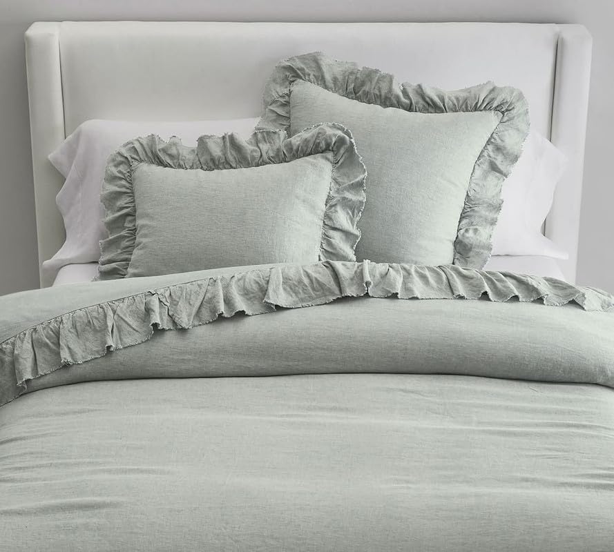 3-Piece Linen Cotton Mix Duvet Cover Set (78x88 in) - Sage Green Full Duvet Cover Set with Standard Shams - Pre-Washed, Handmade - Chic Home Decor-picture-28