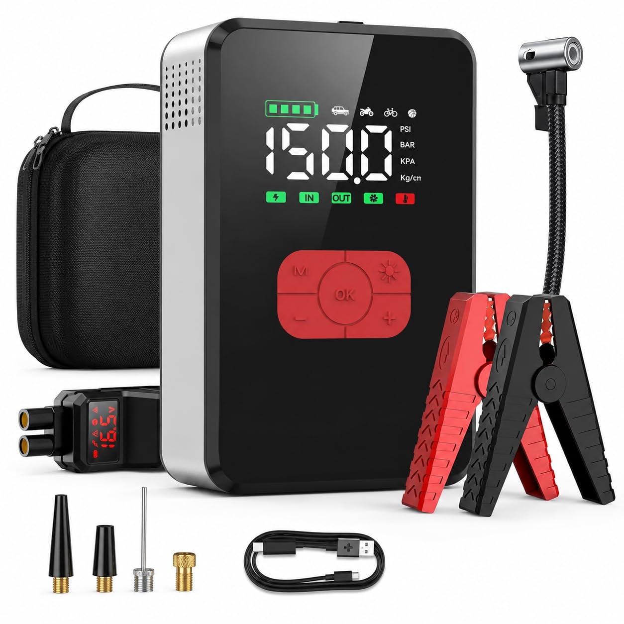 7000A Starthilfe 12V mit 26800 mAh Powerbank, 150 PSI Kompressor, LED-Notlicht SOS, 3,3" Display, Auto Motorrad Fahrrad Reifenpumpe, Pannenhilfe & Camping