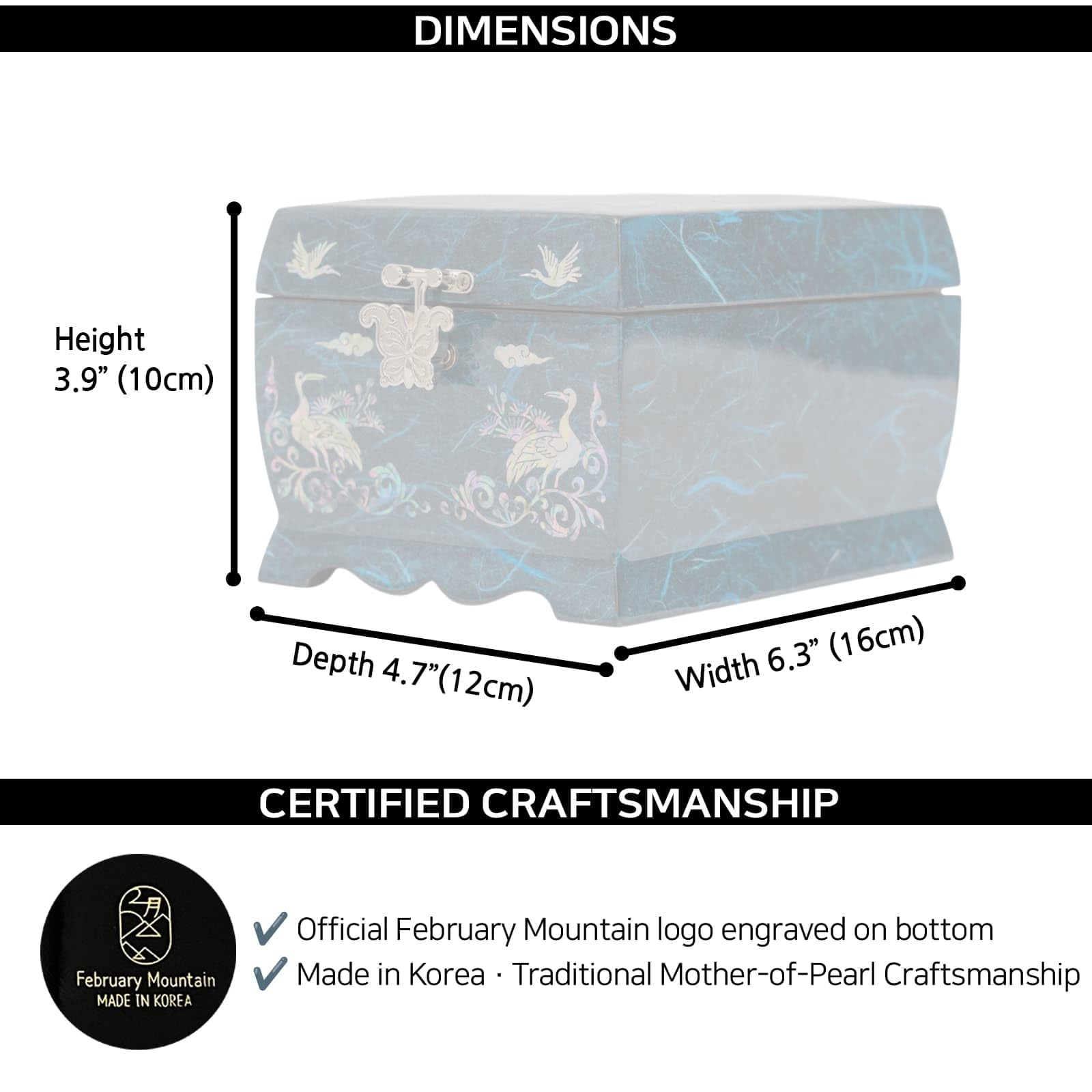 February Mountain Joyero musical de madreperla con espejo y soporte para anillos, caja de música, organizador de joyas tocando melodía Arirang, caja de joyería de pavo real, regalo para mujeres