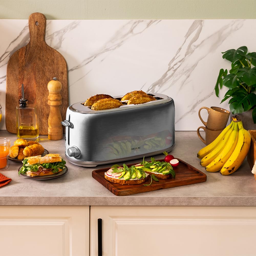 Cecotec Toast&Taste 1600 Retro Double Inox Tostapane, 4 fette, 1630 W, 2 fessure larghe da 3,8 cm e lunghe, in acciaio inox, aste superiori, potenza regolabile, vassoio raccogli briciole