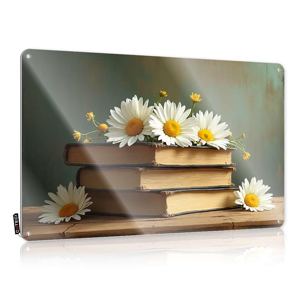 Funny Wall Art Artwork Ready To Hang - Four White Daisies On Top Of Four Books. Custom For Dining(30X40CM)