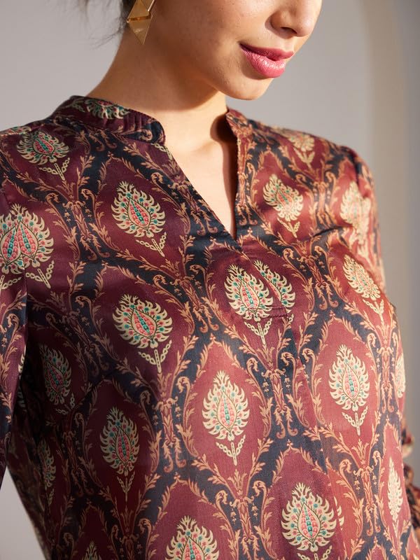 Image of FableStreet Chanderi Indian Motifs Pleated Top - Maroon