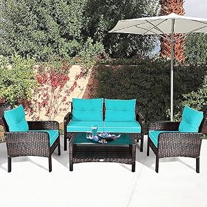 DORTALA 4 Pieces Rattan Patio Conversation Set Outdoor Wicker Furniture Set with Chairs Loveseat Cushions and Glass Top Coffee Table for Garden Porch Poolside Balcony Turquoise