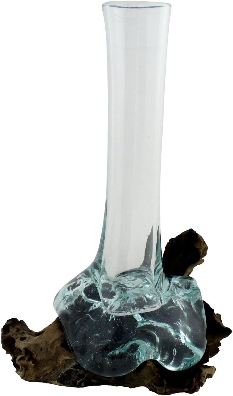 Molten Glass | #651VS-25 | Molten Glass & Wood Skinny Vase | Vase | Stem Vase | Approximately 10" Tall | Natural Wood and Recycled Glass |