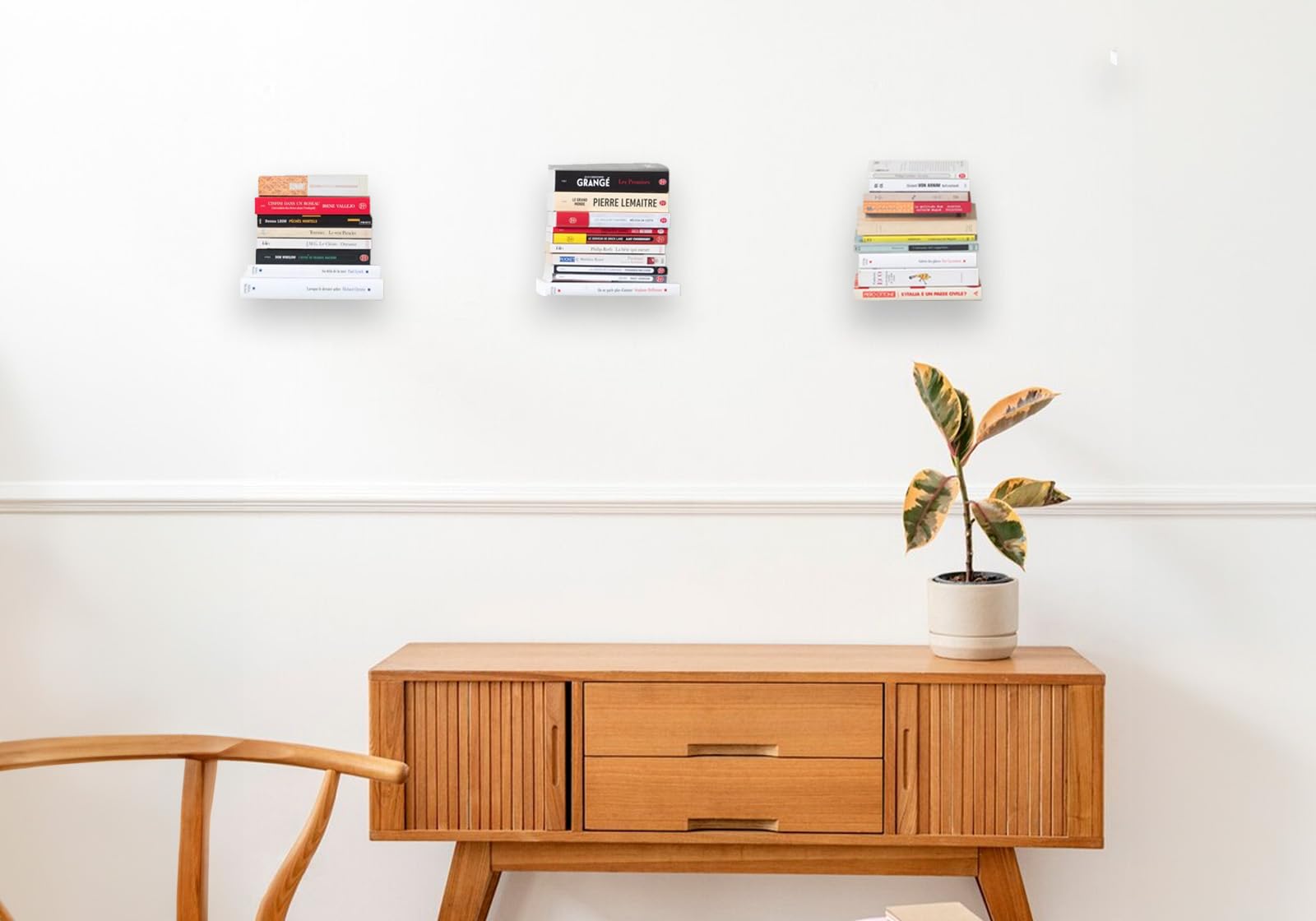 TEEbooks - Lot de 2 Serre-Livres Muraux Invisibles 12 x 12 cm Blanc | Cale Livres Design en Métal | Support Livre pour Bibliothèque et Étagère | Fixation Murale Discrète | Fabriqué en Italie