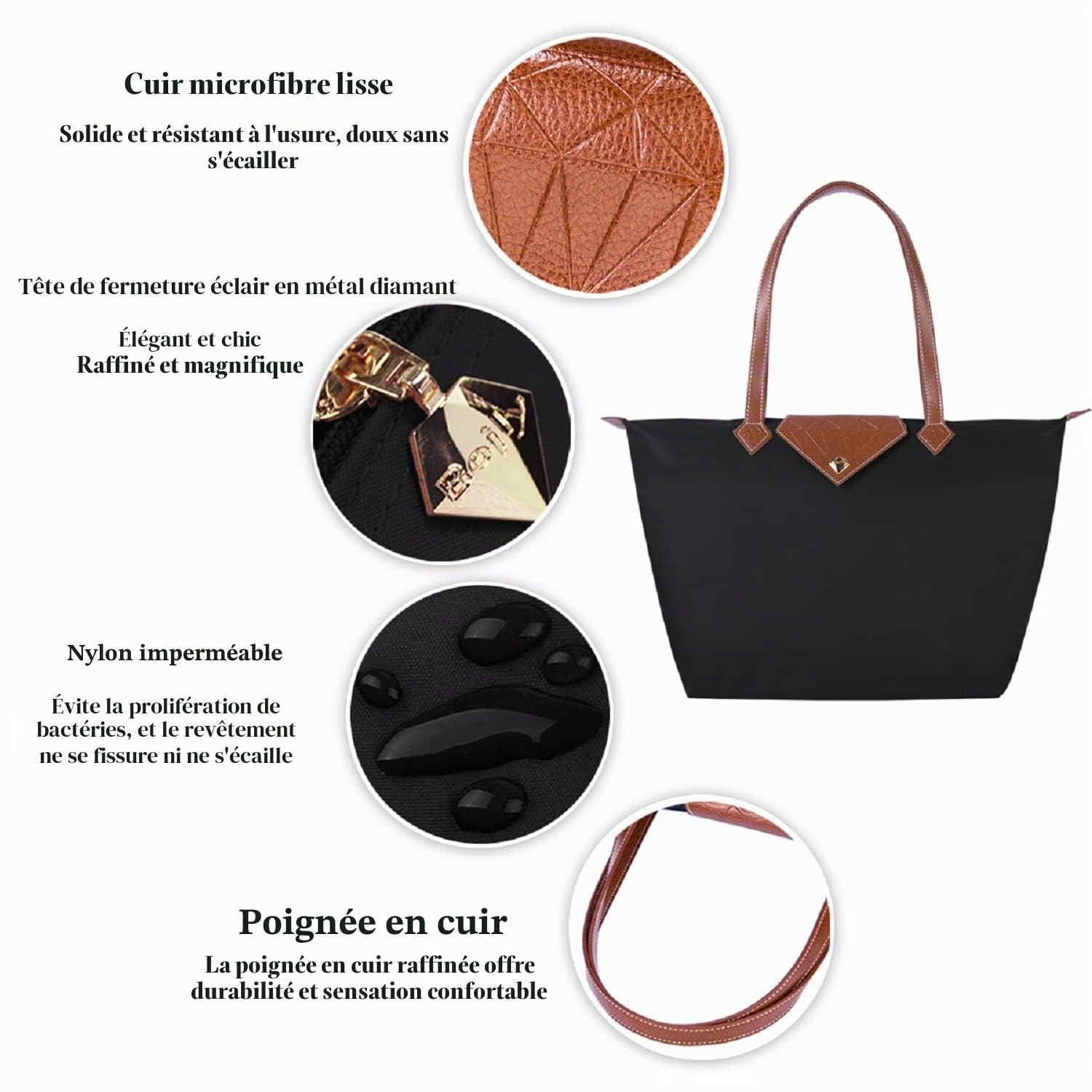 Sac à main pour femme, grand sac à bandoulière étanche, pliable noir pour loisirs, voyage, bureau, shopping