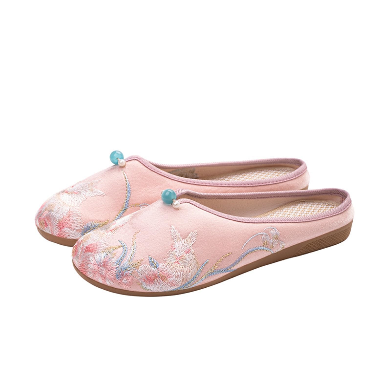 Gyios Women's Pink Clogs & Mules Rabbit Floral Embroidery Mule Slippers, Slip-On Flat Cloth Shoes Rubber Sole For Dresses Pants Daily Wear-41