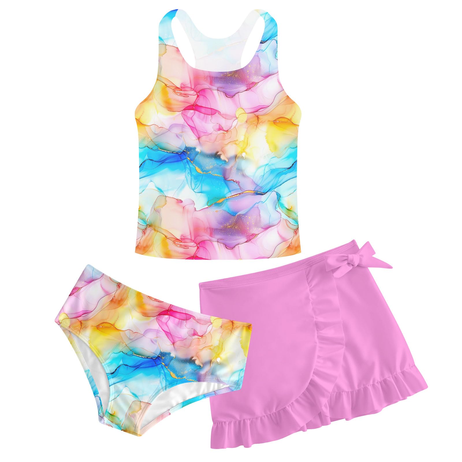 Girls Swimsuits 3 Piece Tankini Bathing Suit Set Cute Bikini Swimwear with Cover Ups Beach Skirt 5-16 Years
