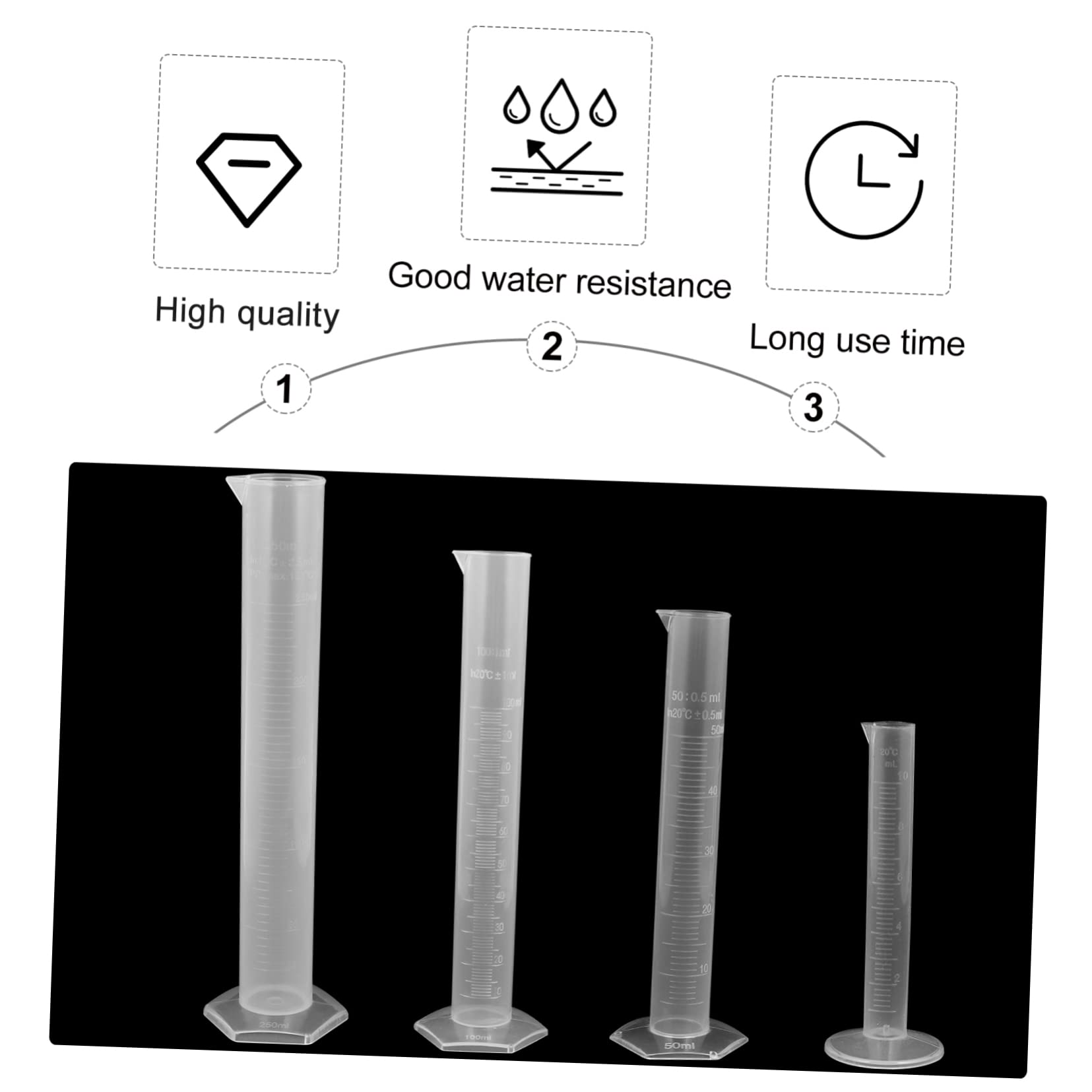 SOLUSTRE Probeta Plástico Graduada 10ml 50ml 100ml 250ml Cilindro Medidor Transparente Set 4 Piezas
