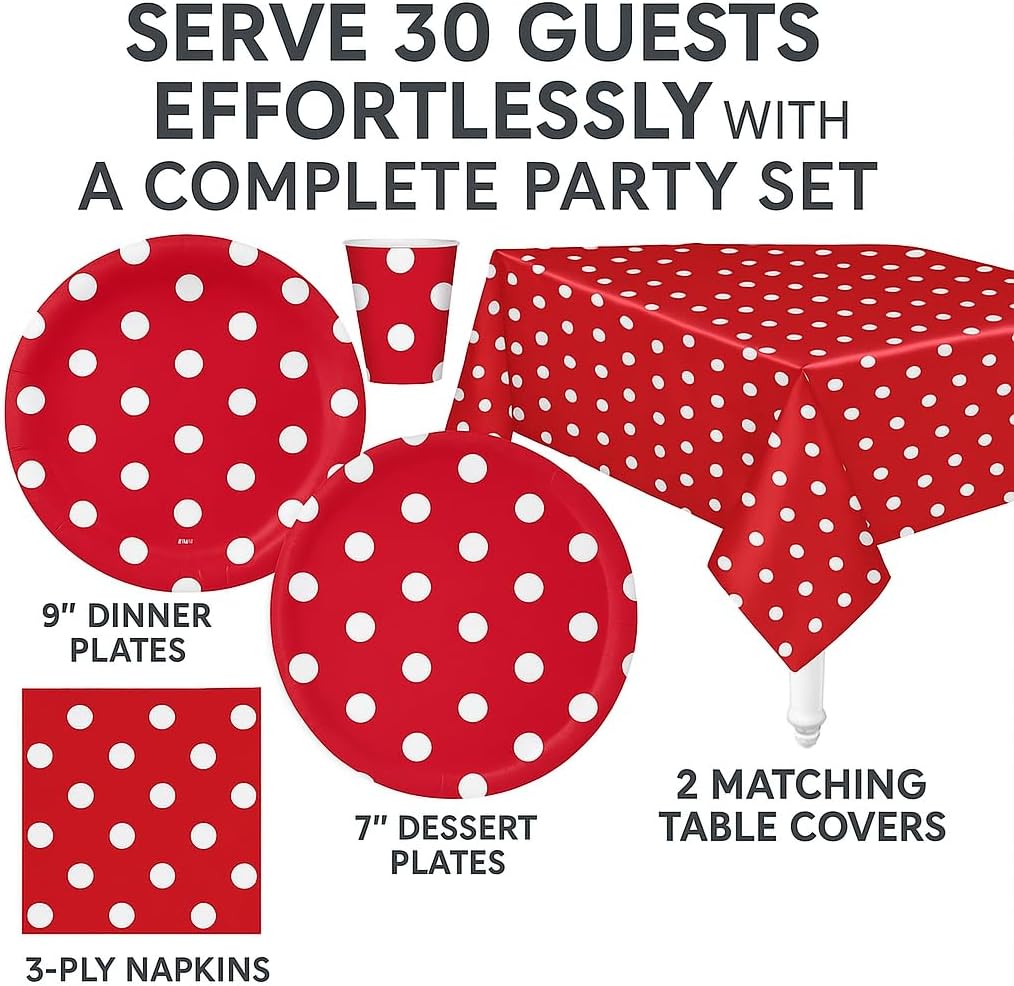 Serves 30 Complete Party Pack Red Polka Dot Party Supplies 9" Dinner Paper Plates 7" Dessert Paper Plates 9 oz Cups 3 Ply Napkins 2 Red Polka Dot Table Cover Size: 54" x 108"