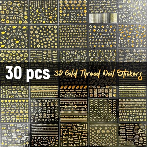 Image of MAYCREATE Gold Line 3D Nail Art Stickers, 30 Sheets, Self-Adhesive Decals