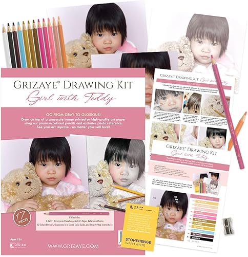 Grizaye Kit de dibujo: Chica con peluche | Imagen preimpresa en escala de grises en Legion, juego de 12 lápices de colores, fotos, paso a paso y
