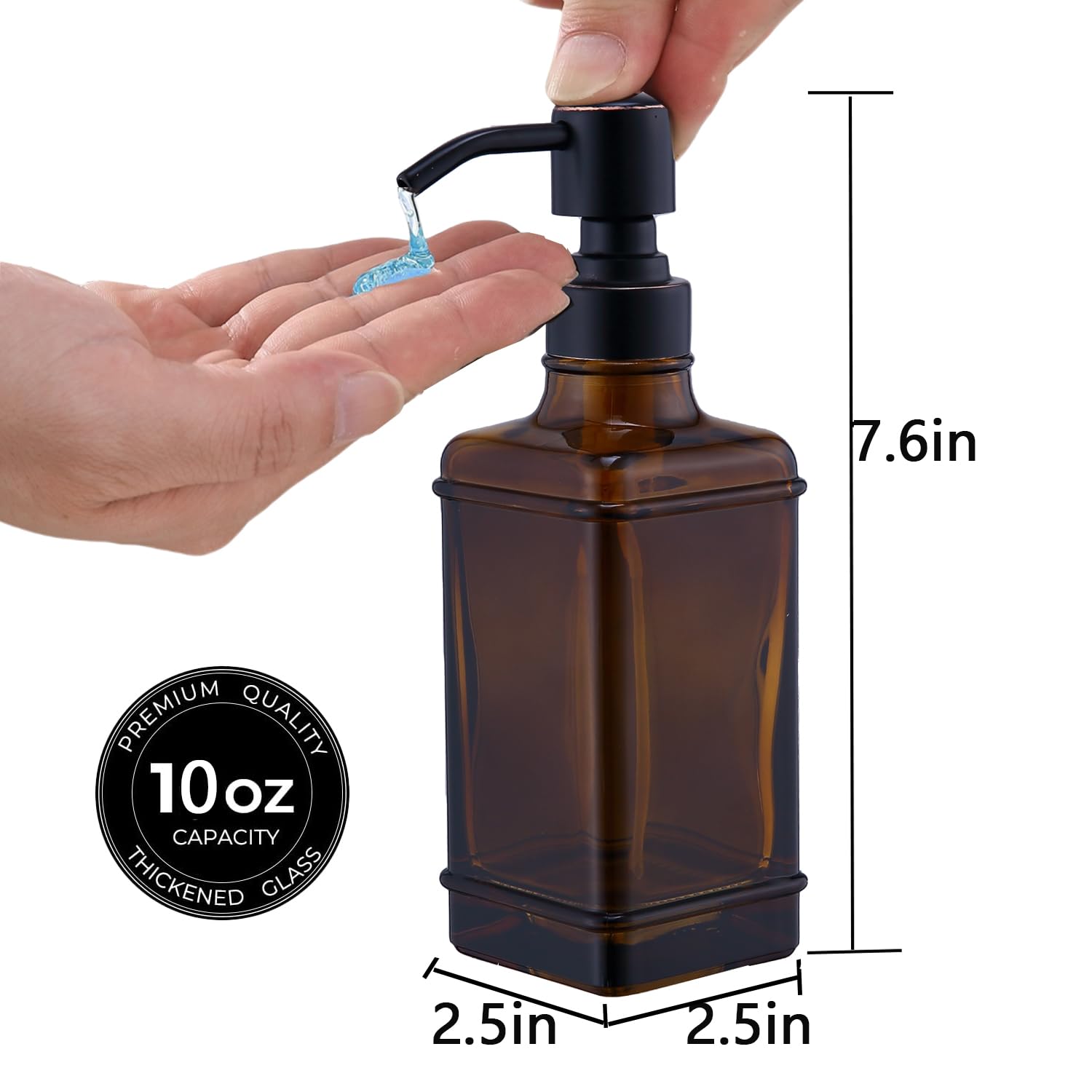 Dispenser di sapone per le mani, confezione da 2, con bottiglia di vetro ambrato spesso dal design antico, 325 ml, in acciaio inossidabile antiruggine 304, pompa in bronzo lucidato a olio, 6