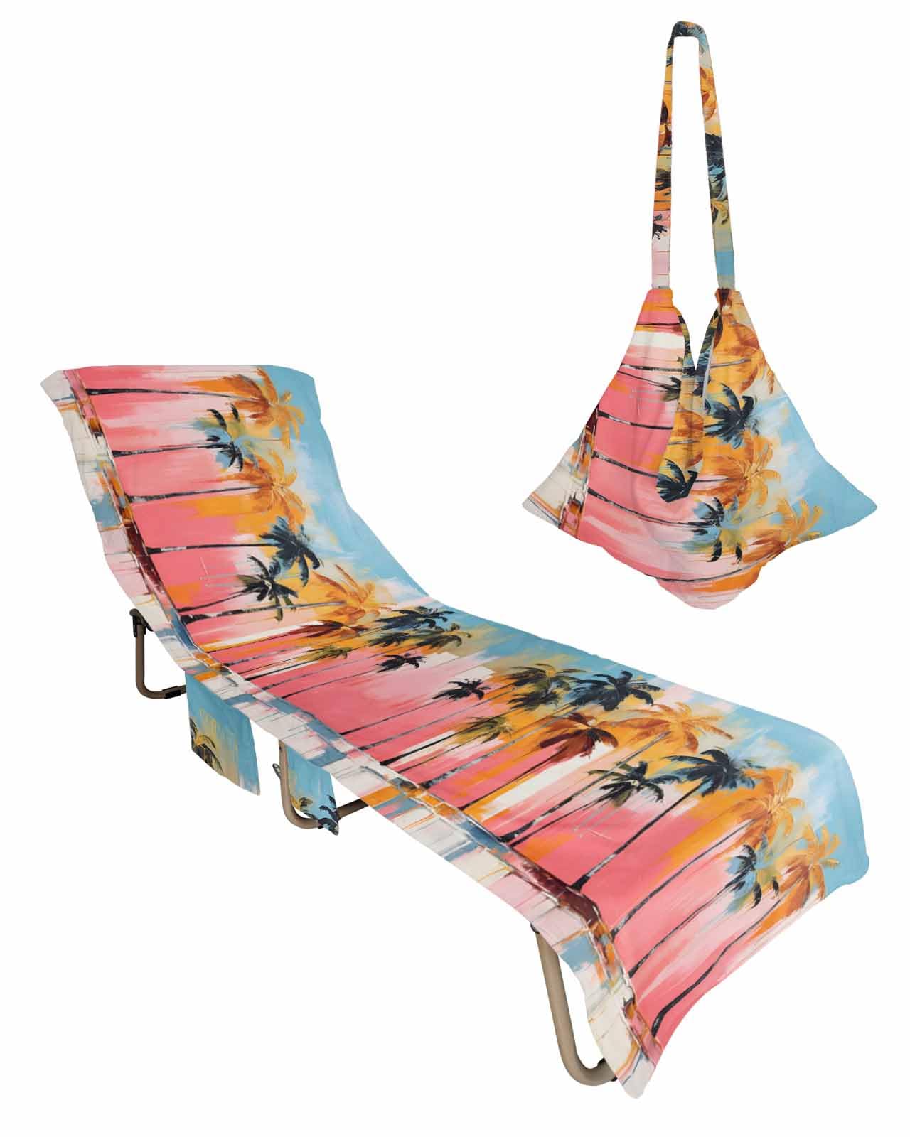 Summer Coconut Tree Beach Lounge Chair Towel Cover, Soft Chaise Lounge Towel with Side Pockets Patio Pool Chairs Cover for Beach/Pool Sunbathing 29x85 Colorful Oil Painting Tropical Plants
