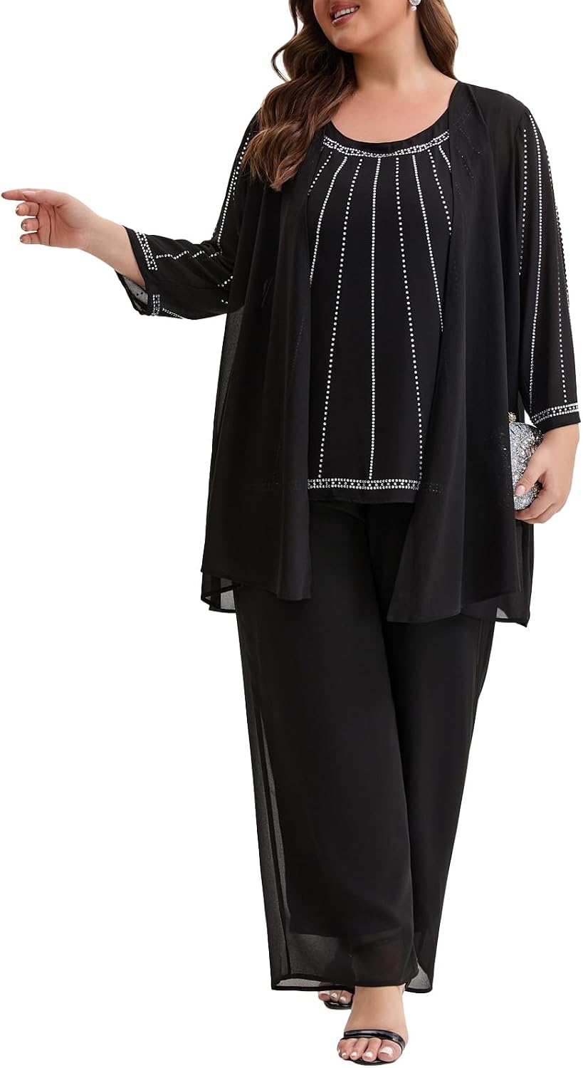 Plus Size Mother of The Bride 3 Piece Pantsuit Elegant Chiffon Rhinestone Embellished Outfit for Wedding Guest Formal Party
