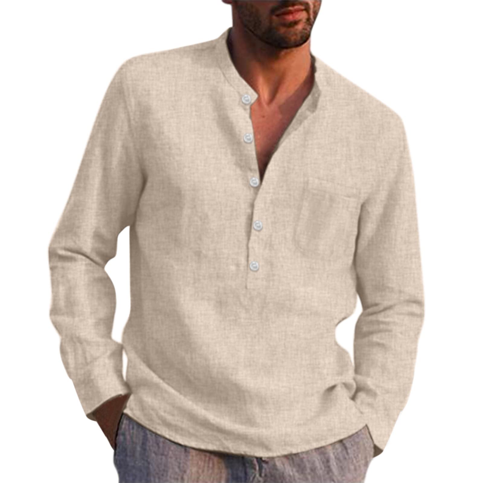 Fulidngzg Camisas Blancas Hombre: Camiseta Lino Tallas Grandes Camisas Casual Medieval Lino con Botónes Algodon Camisas Lino Rosa Slim Fit Vestir Camisa De Lino Camisa Cuello Mao Etnica Bolsillo Clásico