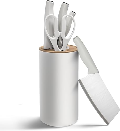 Juego de cuchillos de cocina blancos con bloque, juego de cuchillos de acero inoxidable de 5 piezas, cuchillo de chef, cuchillo de pelar, tijeras de
